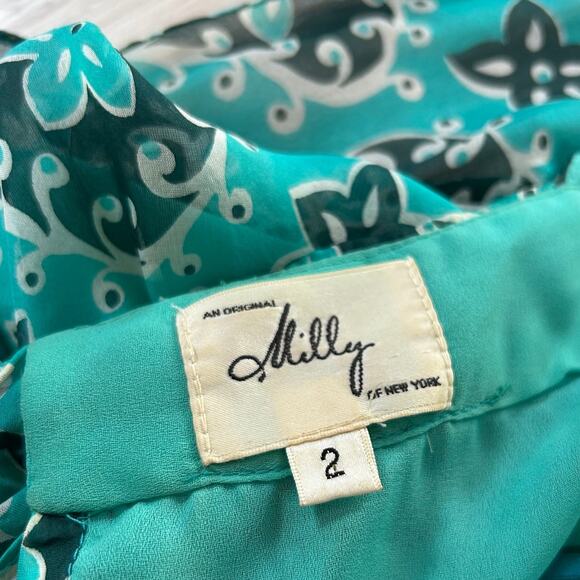 Vintage Milly NY Silk Halter Mini Dress Teal Floral Y2K Party Backless Size 2 - Picture 12 of 12